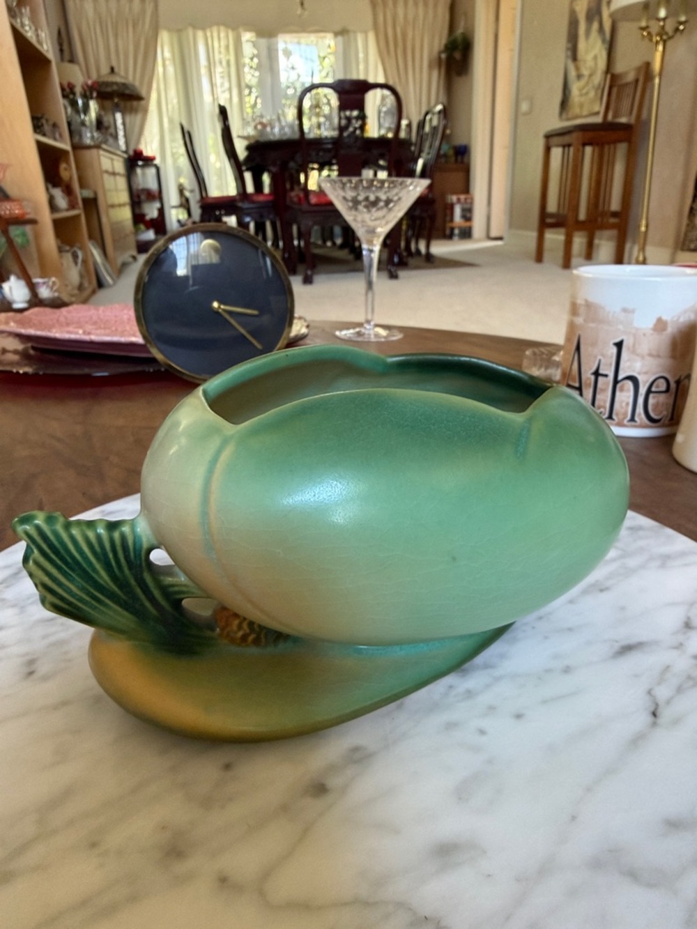 Vintage Roseville Pottery green "Pine Cone" planter or console bowl 456 6”
